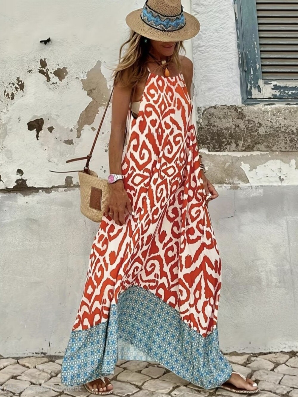 Boho Maxi Halter Dress in Orange & White with Blue Hem